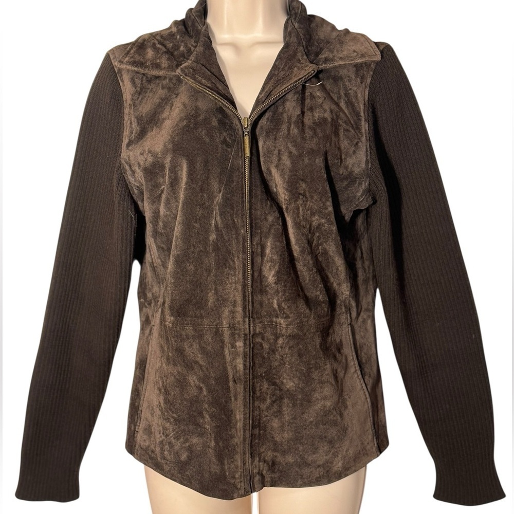 FABIO brown genuine leather with sweater sleeves jacket sz Medium vintage Y2K